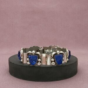 taxco mexico sterling silver vintage carved blue glass mask bracelet size 6.75in